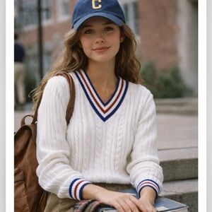 Denim & Co. Vintage 90's V Neck Sweater White w/ Red Navy Stripe 100% Cotton L